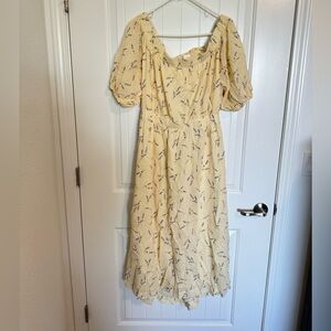 H&m Butter Yellow Lavender Print Midi Cotton cut out back Dress size xl